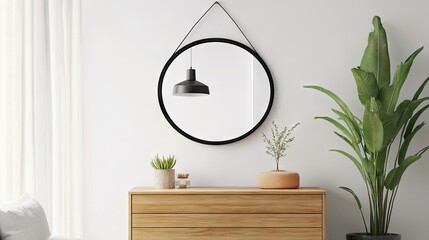 A round mirror with a thin black frame hanging above a small dresser in a modern room