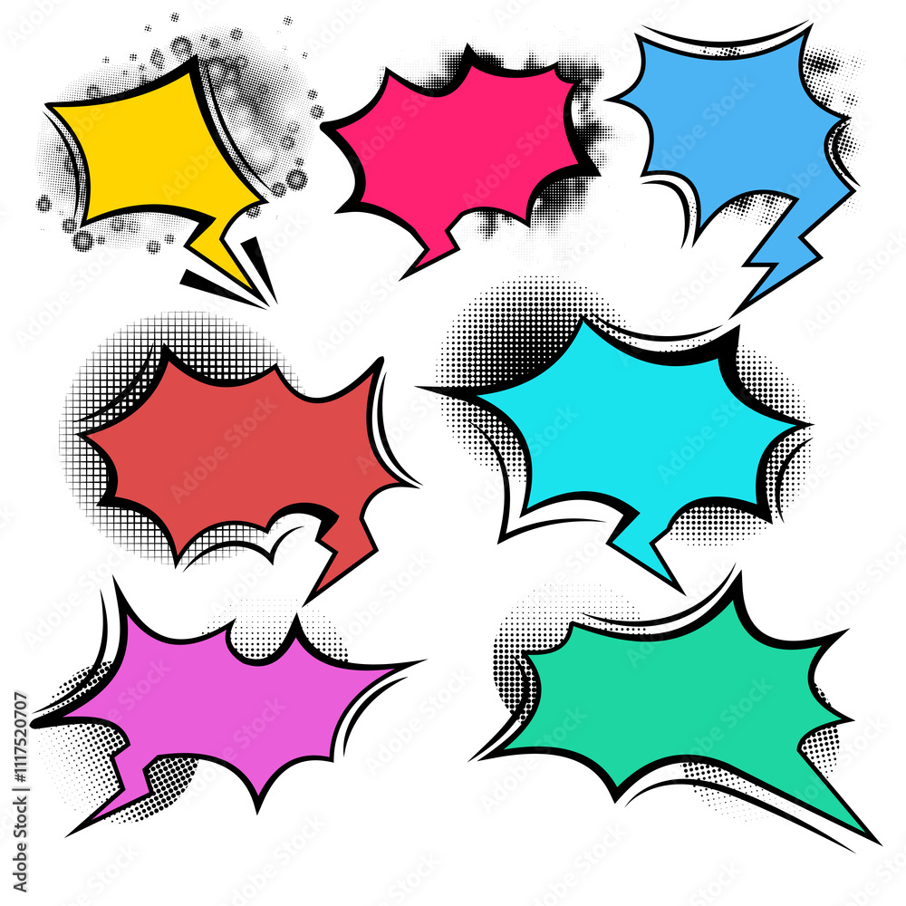 Fototapete set of comic speech bubbles and elements balloon communication message set with black halftone shadows pop art style on isolated background
