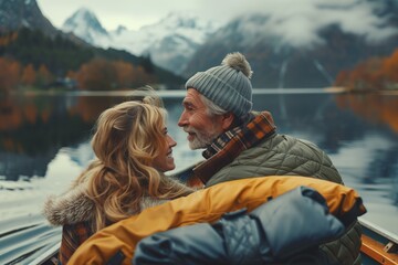 A happy couple enjoying a peaceful boat ride on a serene mountain lake.