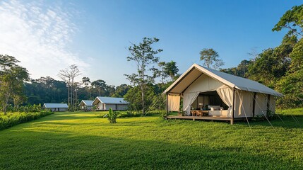 A peaceful campsite with tents set up on the vast grassland, offering a serene and natural environment for camping, relaxation, and outdoor adventures in the heart of nature.