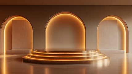 Golden Platform with Arched Frames and Warm Lighting