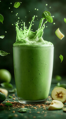 Refreshing Green Smoothie Illustration with Splashing Effect and Fresh Ingredients