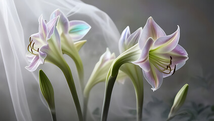 Obraz premium Beautiful Amaryllis flowers with translucent petals showcasing iridescent hues, creating a surreal and magical ambiance, cool spectrum amaryllis flowers. Created with generative AI