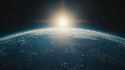 Fototapeta premium Stunning Earthrise Space Background Image - Planet Earth from Orbit, Sun Rays, Starry Sky