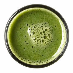 Overhead Closeup Photo of Frothy Matcha Green Tea in Glass