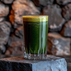 Vibrant Green Juice in Glass, Realistic Photo on Dark Stone Background