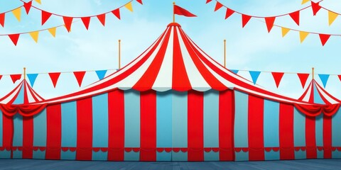 Vibrant blue and red striped circus tent backdrop with big top and flags, celebration, stage