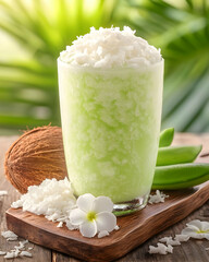 Refreshing Green Coconut Smoothie Illustration: A Tropical Delight with Plumeria Flower