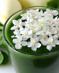 Vibrant Green Smoothie with Delicate White Flowers - A Close-Up Photo