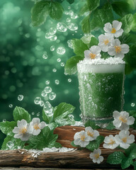 Refreshing Green Smoothie Illustration with White Flowers and Water Drops
