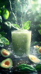 Refreshing Avocado Smoothie 3D Illustration with Water Splash