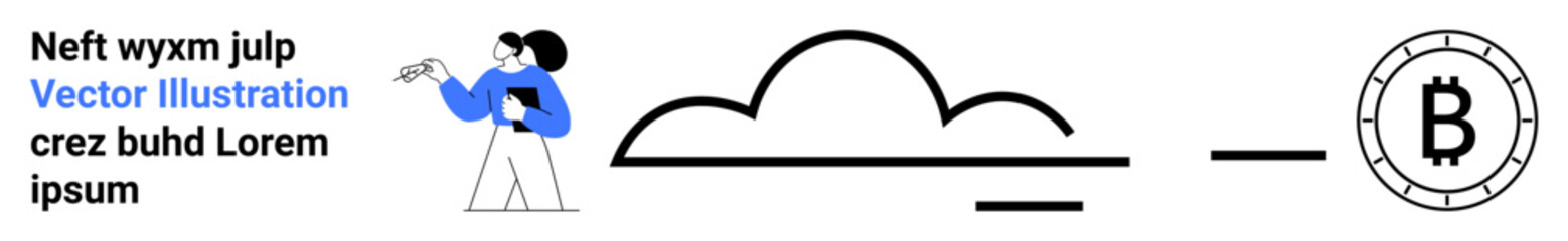 Woman with clipboard, cloud icon, Bitcoin symbol. Ideal for technology, blockchain, cryptocurrency, cloud computing, finance, digital transactions, futuristic concepts Landing page