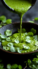 Vibrant Green Smoothie Pouring into Bowl with Fresh Leaves -  Food Photography