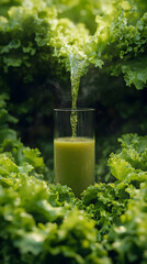 Refreshing Green Juice Pouring into Glass, Surrounded by Lush Lettuce Leaves - 3D Illustration