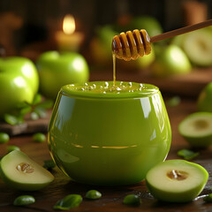 3D Render of Honey Pouring into Green Glass Bowl with Apples