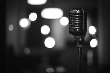 A vintage microphone stands prominently against a blurred background of soft lights.