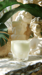 Sunlit Glass of Milk with Classical Sculptures and Tropical Leaves 3D Illustration