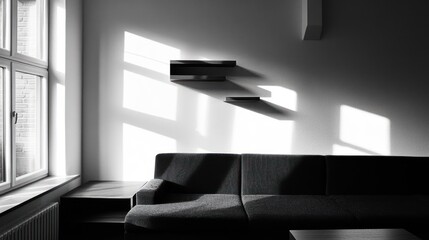 Sunlight Illuminates a Room with a Couch and Shelves