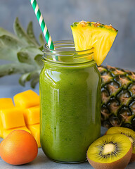 Refreshing Green Smoothie Recipe with Pineapple, Mango, and Kiwi - A Delicious and Healthy Drink, Realistic Photo