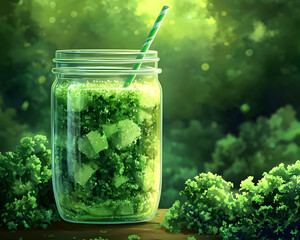 Refreshing Kale Smoothie Illustration: A Vibrant Green Drink in a Mason Jar