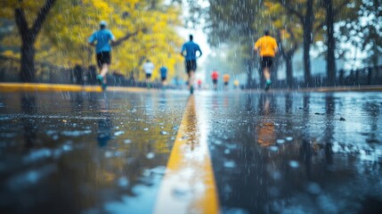 Dynamic urban charity marathon showcasing corporate brands and community engagement in rain