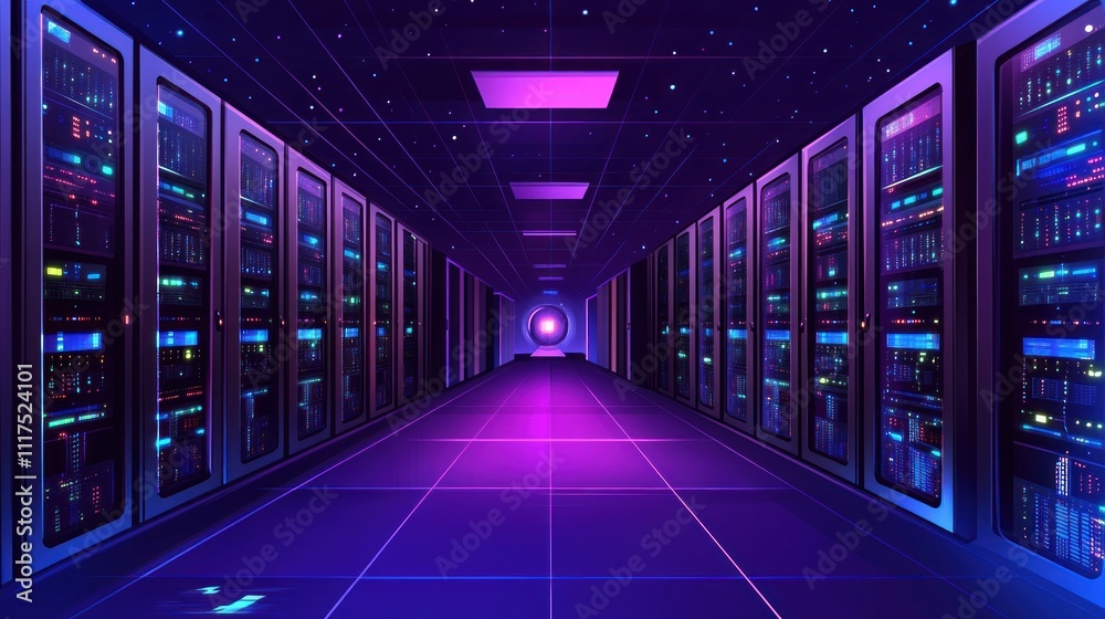 Poster Illuminated Server Room Corridor Awaiting Data Processing