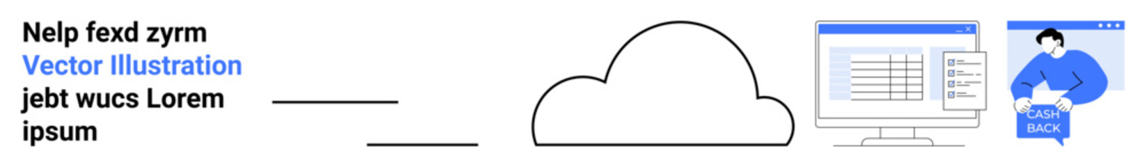 Text block, cloud icon, data screen, customer support. Ideal for technology services, cloud computing, data management, IT support, tech websites, client interaction, and educational materials