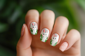 close-up of a person's hand displaying nails with a creative easter bunny design manicure