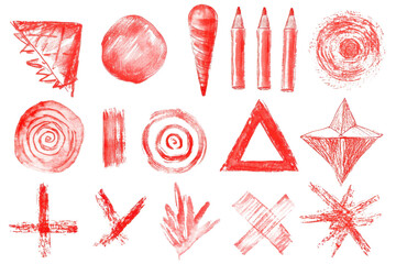 Creative Red Crayon Symbols Watercolor Illustrations | Playful Hand-Drawn Elements
