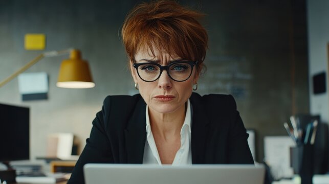 Businesswoman with poor eyesight squinting at laptop screen in office, struggling to focus, desk cluttered, modern office background, bright lighting, concentration, professional look