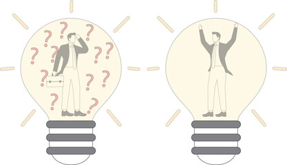 Asking questions vs. coming up with solutions, business or career problems, ideas or concepts, isometric businessman with a light bulb vs. businessman with a question mark