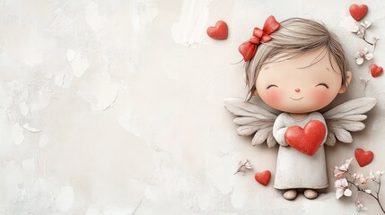 Fototapeta premium A cute little cupid with wings on a soft background with delicate flowers and hearts for Valentine's Day greetings.