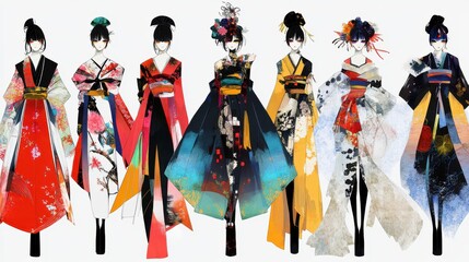 Seven women in vibrant kimono designs.