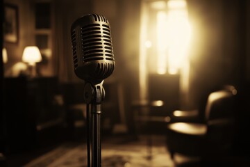 A vintage microphone stands in a softly lit room, evoking a sense of nostalgia and performance.