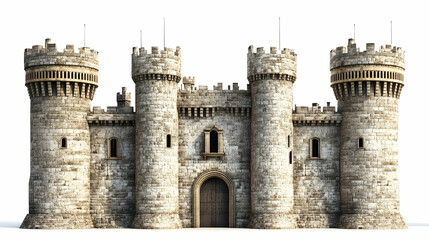 A detailed stone castle with towers and a central entrance, representing medieval architecture.