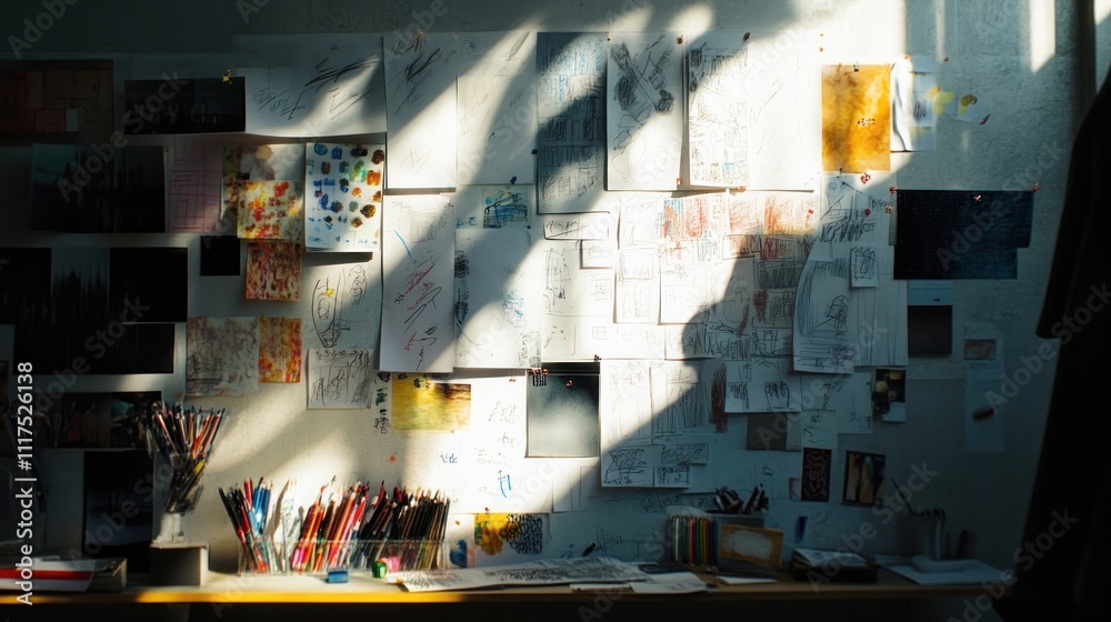 Poster Sunlit Artists Workspace Filled With Sketches And Paintings