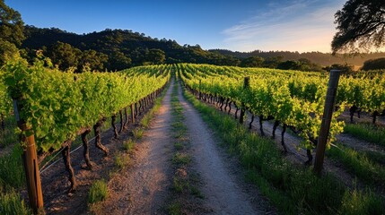 Obraz premium Vineyard Pathway at Sunset Golden Hour Light