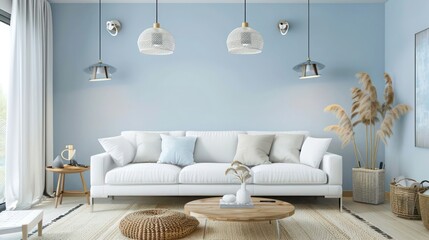 Modern living room with soft blue walls, white sofa, light wood accents, silver fixtures, and natural fiber decor