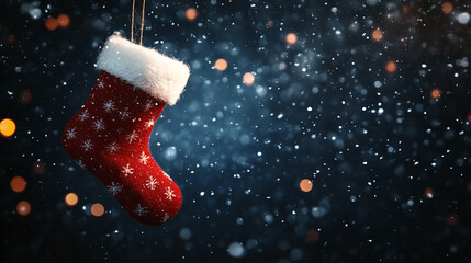 Festive Christmas background with Christmas socks, hanging on strings