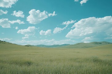 Obraz premium The vast and beautiful grasslands of Inner Mongolia, showcasing the endless green expanse under a clear sky, representing the natural beauty and serenity of the region.