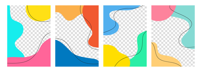 Set of graphic templates. Transparent background. Bright colored various dynamic liquid shapes and black outlines for creative graphic design. Vector illustration.