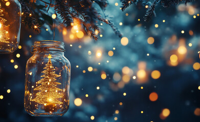 Festive Christmas background with glass jars and fairy lights on a dark night sky 