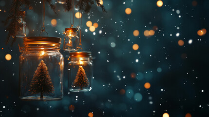 Festive Christmas background with glass jars and fairy lights on a dark night sky 