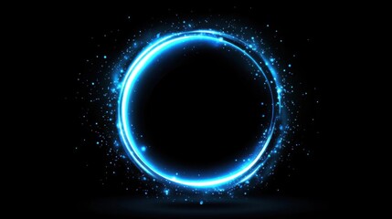 Abstract blue neon circle frame on a black background. Vector illustration.