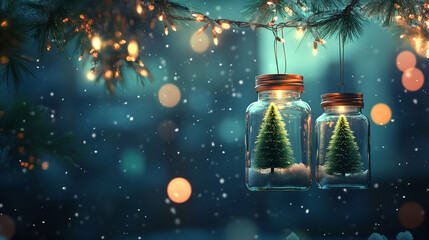 Festive Christmas background with glass jars and fairy lights on a dark night sky 