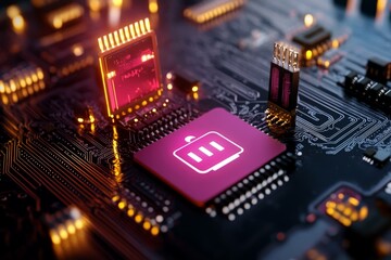 cybersecurity solutions concept. A vibrant close-up of a circuit board showcasing a pink chip with a battery icon, illuminated by surrounding lights.