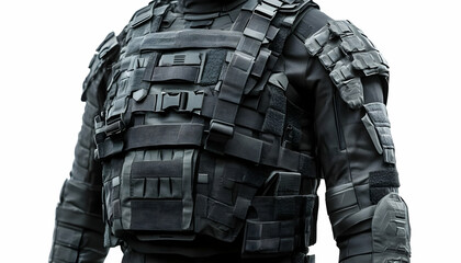 Tactical body armor worn by a figure, designed for protection in combat situations.