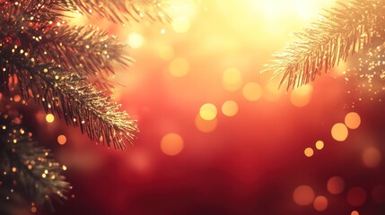 Fototapeta premium A festive background featuring warm lights and pine branches, evoking holiday cheer.