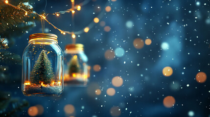 Festive Christmas background with glass jars and fairy lights on a dark night sky 