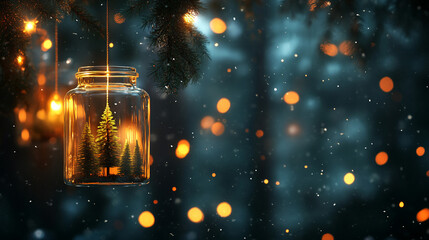 Festive Christmas background with glass jars and fairy lights on a dark night sky 